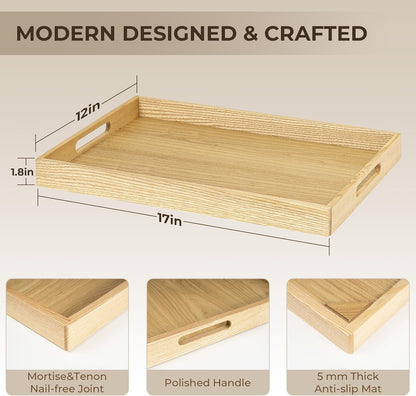 Axeman Wooden Serving Tray with Wood Handles|Ottoman Tray for Breakfast, Bed, Couch|17x12in Ash Wood Coffee Table Trays|Food Drinks Decorative Storage Boards for Ottoman Kitchen, Natural