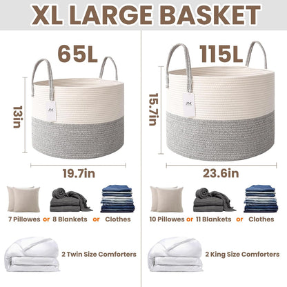 Woven Blanket Basket,115L Large Rope Storage Bin with Handles, Organizer for Blankets Toys Book and Clothes, Laundry Basket for Living Room Bedroom Nursery,White&Grey