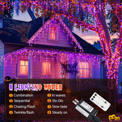 JMEXSUSS 400 LED Orange and Purple Halloween Lights Outdoor, 38.8 FT Orange and Purple Icicle Light Outdoor Waterproof, 8 Modes Halloween Lights Plug in for House Christmas Party Decorations