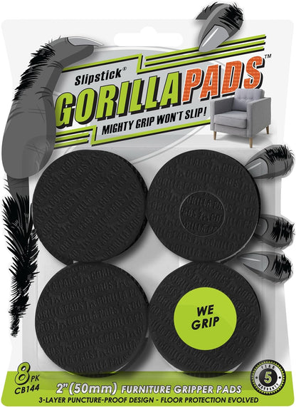 Slipstick GorillaPads CB144 Non Slip Furniture Pads/Grippers (Set of 8) Furniture Feet Floor Protectors, 2 Inch Round, Black