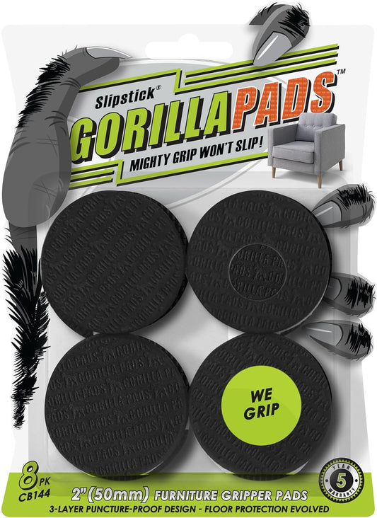 Slipstick GorillaPads CB144 Non Slip Furniture Pads/Grippers (Set of 8) Furniture Feet Floor Protectors, 2 Inch Round, Black