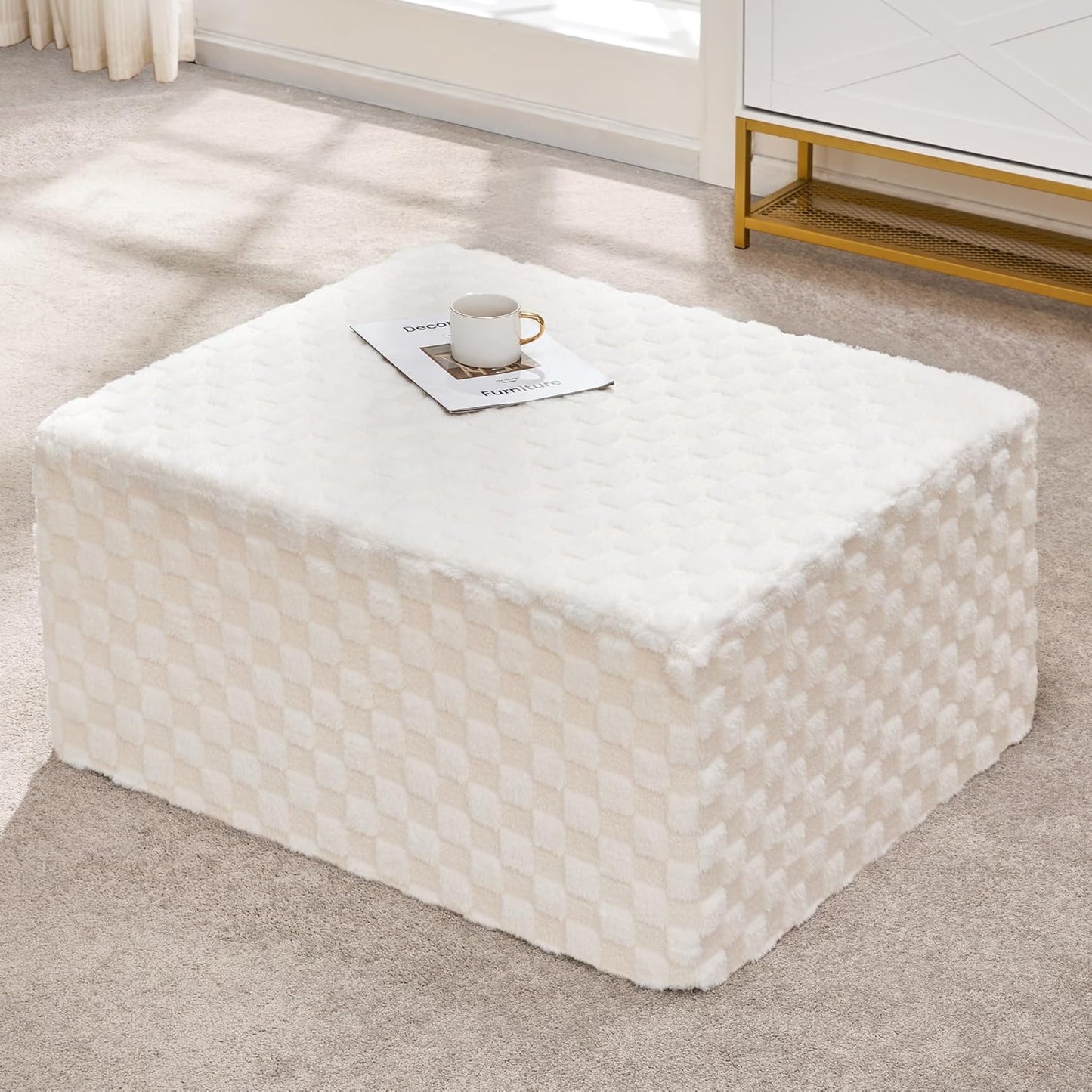 Hobestluk Rectangle Ottoman Memory Foam Footrest for Couch with Removable Cover Large Floor Seating for Adults Ottoman Coffee Table for Living Room, Bedroom or Office (Plush White, Footrest)