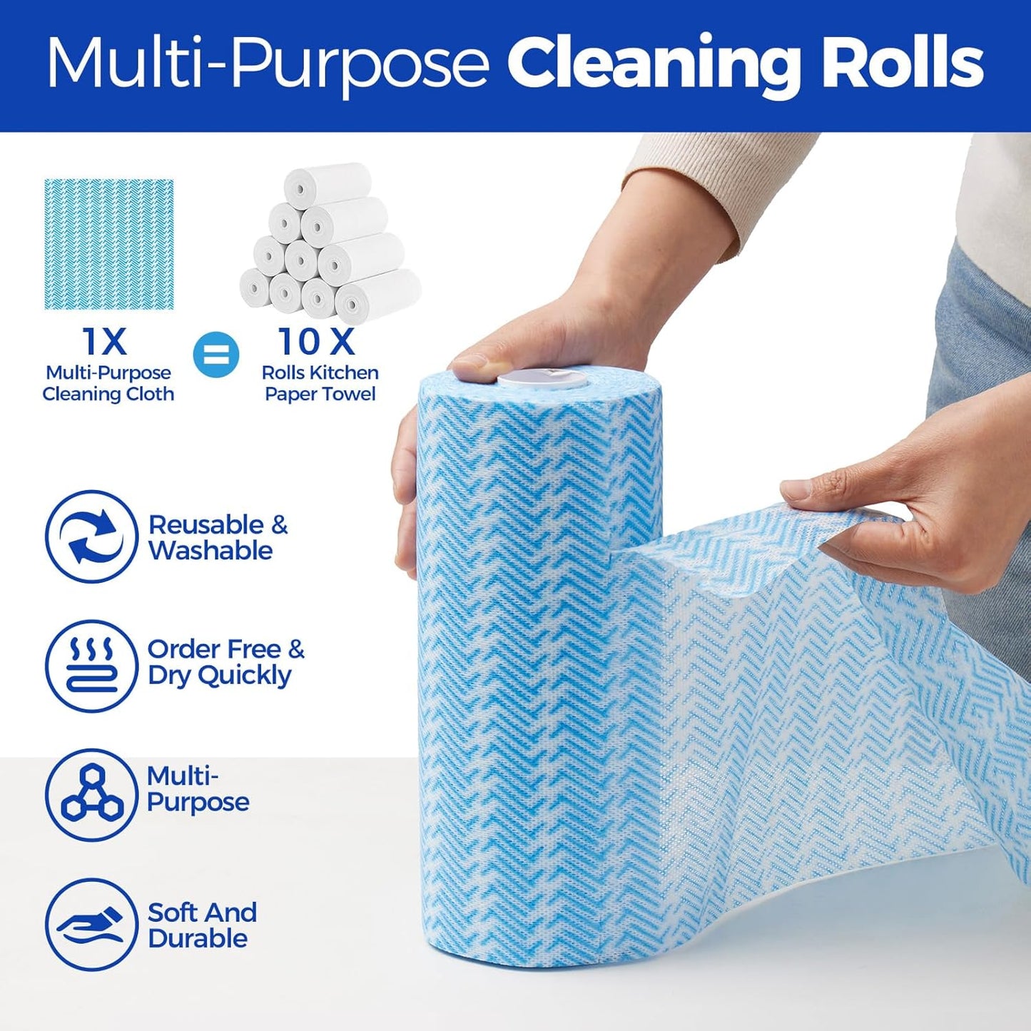 Disposable Cleaning Rolls Handi Wipes Reusable Cleaning Cloths Reusable Dry Kitchen Towels Dish Cloths Dish Towels 1 Roll, Total 100 Pcs, Blue