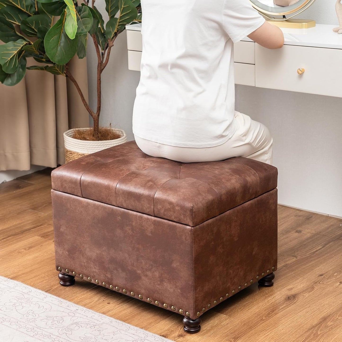 Joveco Leather Storage Ottoman, 24" Rectangle Tufted Square Upholstered Bench, Foot Rest Stool with Wood Legs, Footstool for Living Room Bedroom, Coffee