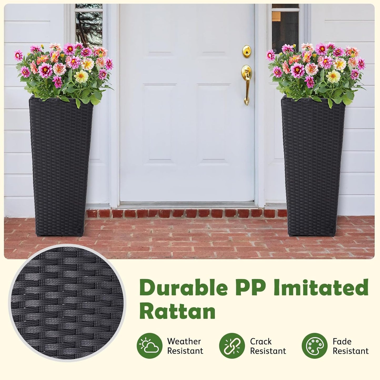 IDZO Wicker All-Weather Planter Set with Liners Tall Plant Decor Box for Outdoors Patio Herb Garden Furnishings - Rectangular Mocha