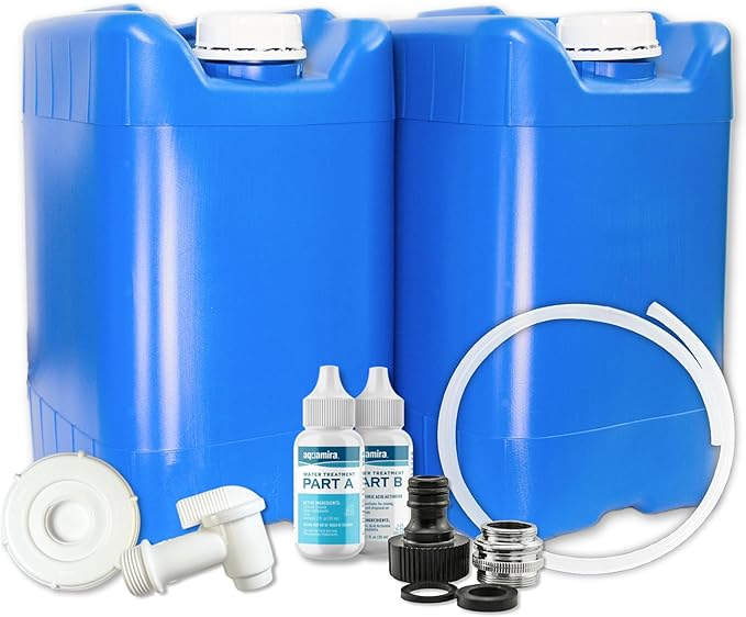 5-Gallon Stackable Water Tanks for Long-Term Emergency Storage | Complete Water Storage Kit for Survival with Lids, Spigot, Water Treatment, Hose & Faucet Attachment (2 Tanks (10 Gallons))
