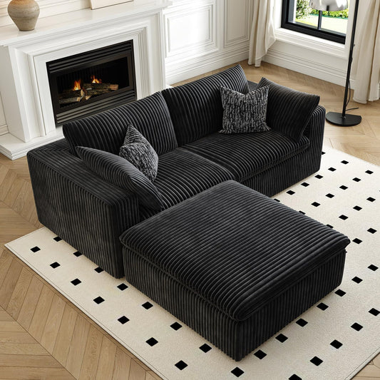 LoveSeat Cloud Couch Modular Sectional Sofa for Living Room,Modern Sofa with Deep Seat，2 Seater Boneless Couch with Ottoman,Comfy Upholstered Couches for Apartment, Studio, Office,Bedroom，Black