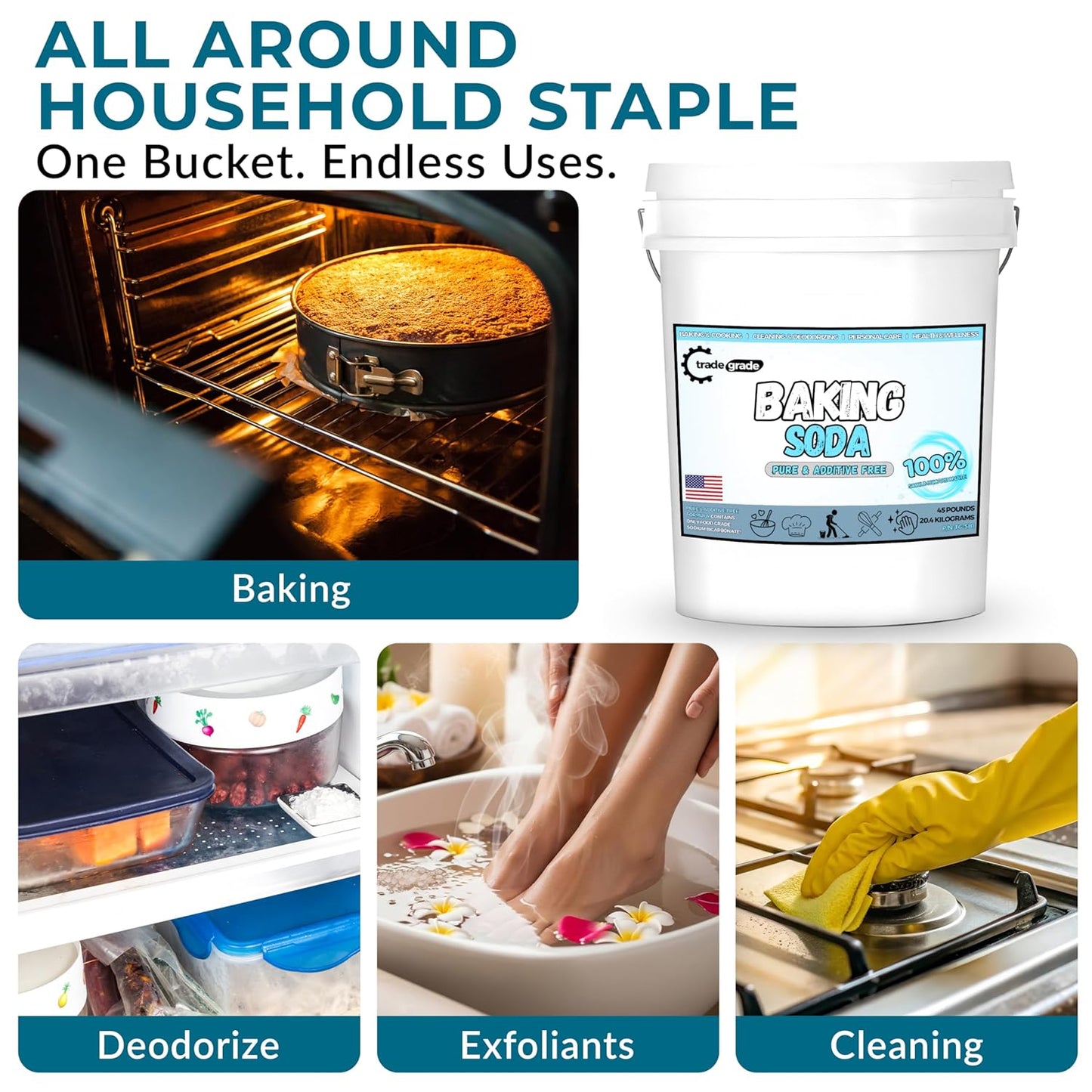 TradeGrade Pure Baking Soda Powder – 45 lb Bucket, Sodium Bicarbonate Powder | Premium Food-Grade for Baking, Bread, Cookies & More | Baking Soda for Cleaning, Natural Cleaner & Deodorizer