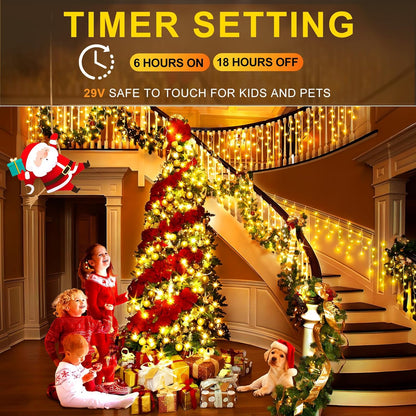 KNONEW 99ft 1216 LED Christmas Lights Outdoor Decorations with 228 Drops, 8 Modes Curtain Fairy String Light, Clear Wire LED String Light Indoor Decor for Wedding Party Christmas