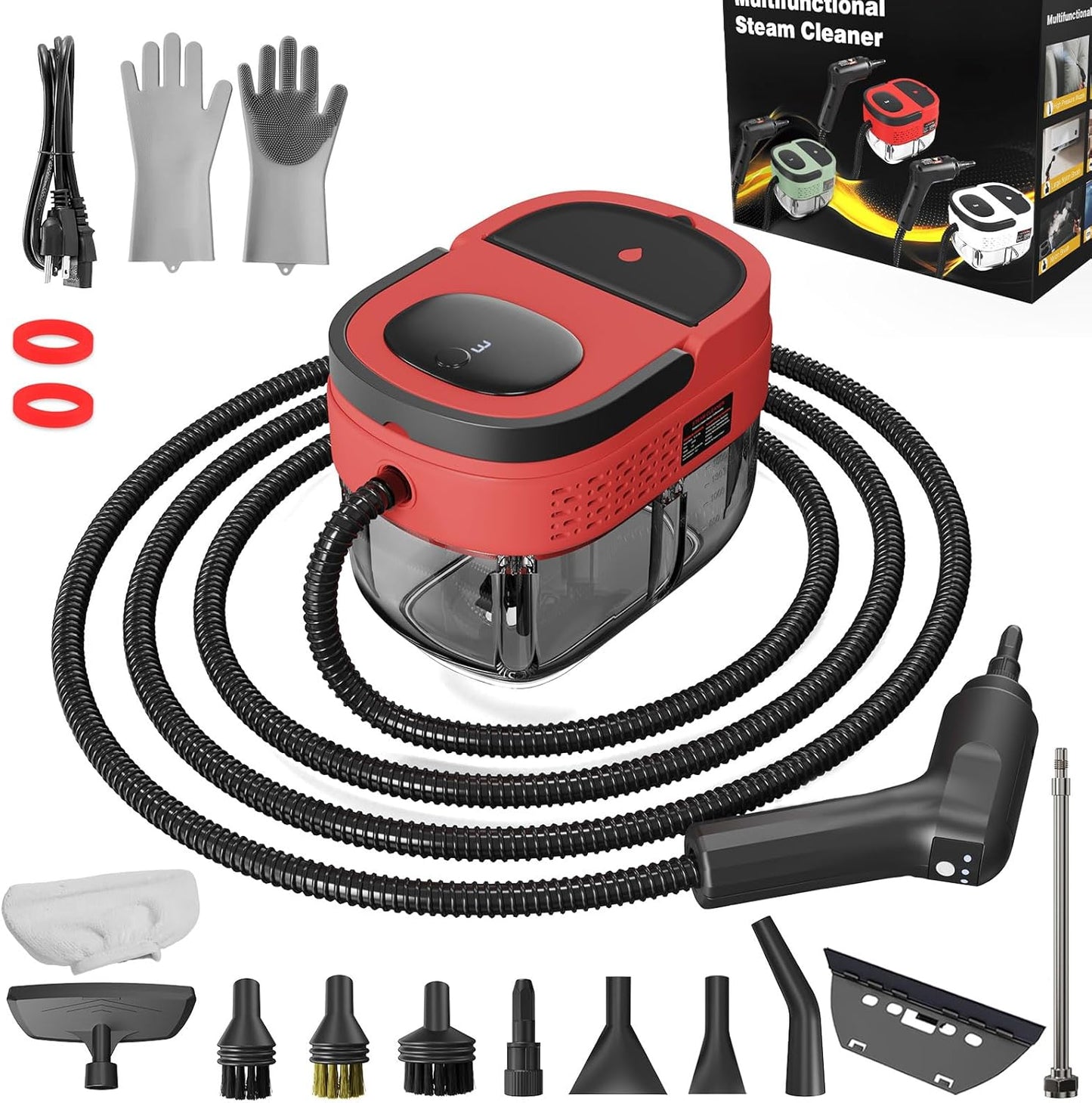 Handheld Steam Cleaner, 2500W High Pressure Steamer for Cleaning, Portable Steam Cleaner with 1.6L Water Tank, 3 Levels Adjustable Handle, Steam Cleaner for Home, Car, Furniture, Bed Bugs (Red)