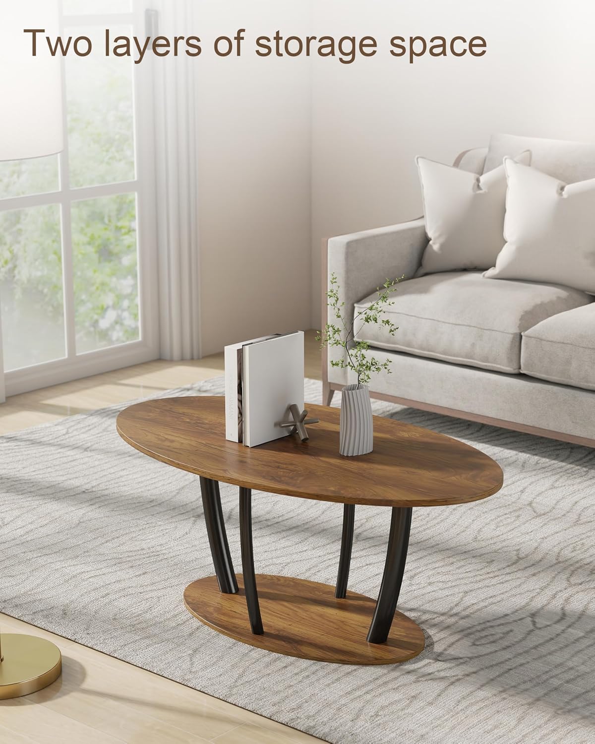 Manora Small Oval Coffee Table with Storage, Farmhouse Industrial Center Table for Living Room, Vintage Tea Table for Small Spaces, Rustic Brown