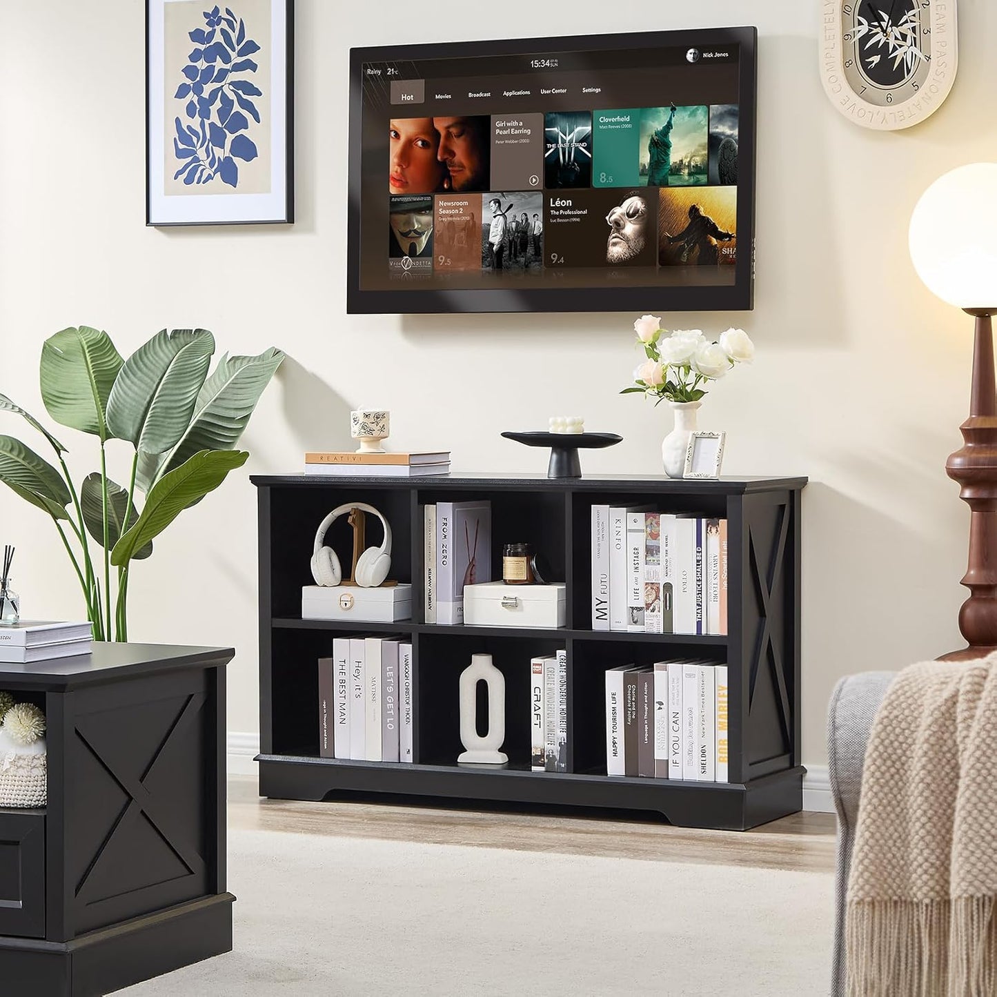 Farmhouse 6 Cube Bookshelf, Black Storage Organizer Bookcase, Kids Toy Storage Cabinet, Long Bookshelves Storage Organizer Shelf, Wood Display Cabinet Book Shelves for Bedroom,Living Room,Office