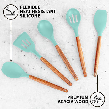 Zulay Kitchen Non-Stick Cooking Utensils Set with Authentic Acacia Wood Handles – 5-Piece Durable & Stylish Silicone Kitchen Utensils Set – Heat Resistant to 464°F – Aqua