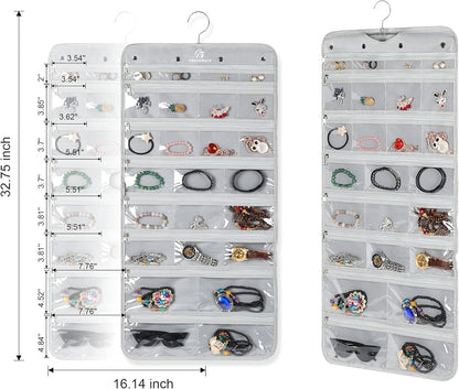 Freegrace Hanging Jewelry Organizer Revolving Hanger - Secure Zipper Closure - 50 Pockets - Foldable Storage & Display Solution - For All Jewelry & Bijoux (Gray)