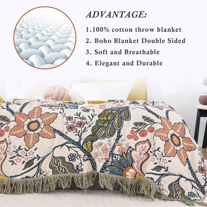 Snycler Boho Throw Blanket for Bed, 100% Organic Cotton Muslin Soft Throw-Floral Farmhouse Rustic Spring Summer Fall Decor Blanket for Couch Sofa Quilt and Gift, 60" x 80" White