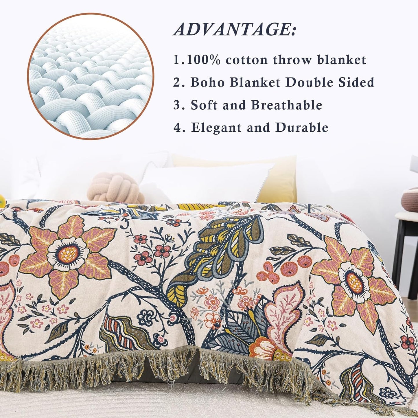 Snycler Boho Throw Blanket for Bed, 100% Organic Cotton Muslin Soft Throw-Floral Farmhouse Rustic Spring Summer Fall Decor Blanket for Couch Sofa Quilt and Gift, 80" x 90" White