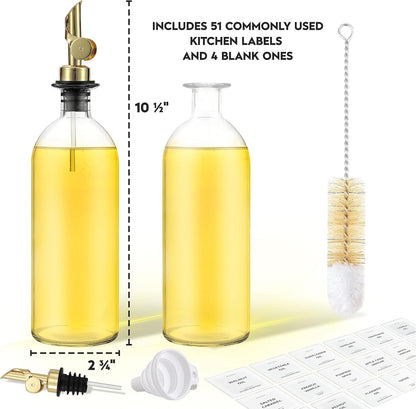 Olive Oil Dispenser Bottle - Includes 55 Kitchen Essential Labels - Cooking Oil Bottles for Kitchen, Coffee Syrup Dispenser - Pourer Spout with 16.9 fl oz Glass Container Cruet - 2pcs, Gold