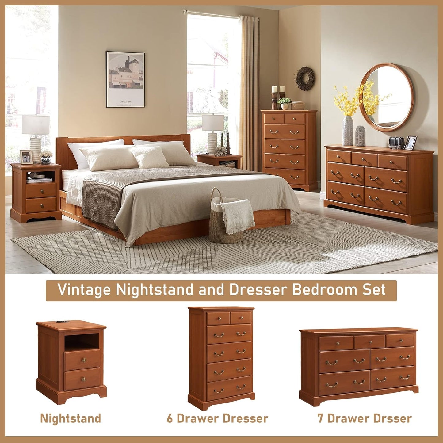 T4TREAM 7 Drawers Dresser Chests for Bedroom, Wood Vintage Chests of Drawers, Rustic Dressers Chset Organizer for Bedroom, Living Room, Hallway, Cherry