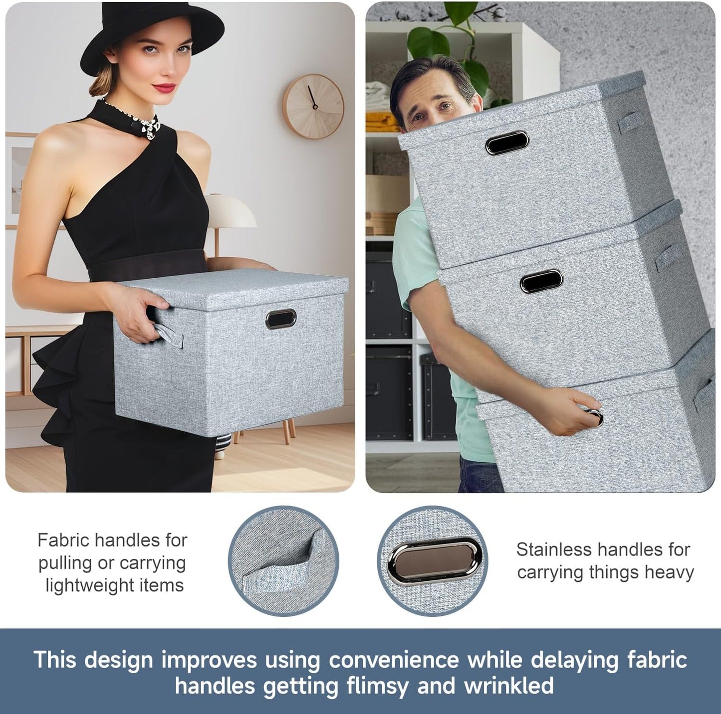 Large 17" 36 Quart Collapsible Stackable Storage Bins with Lids, 3 Packs Blue-Grey Linen Fabric Closet Boxes with Lids, Storage Cube Baskets Container Organizers for Bedroom (17x12x11)