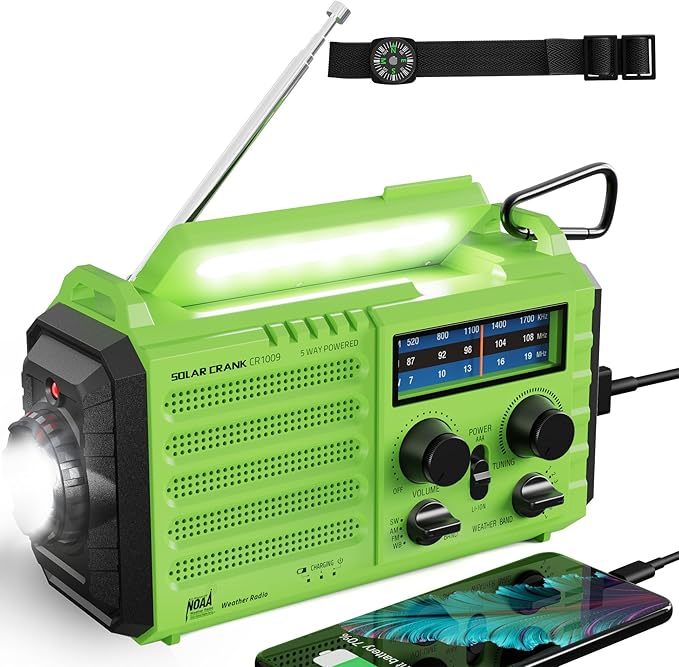 Emergency Radio, 5000 Hand Crank Solar NOAA Weather Radio, AM/FM Portable Battery Operated Radio with 5-Way Power, Phone Charger, Flashlight & Lamp, Compass, Earbud Jack, SOS Alert for Home, Survival