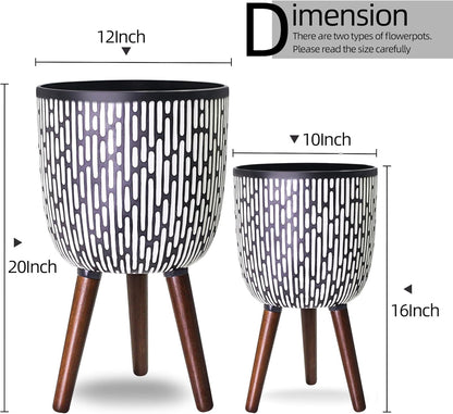 2 Set Plant Pot with Stand 10 & 12 inches, Mid-Century Large Planter with Legs for Indoor Plants, Boho Print Standing Plant Pot with Drainage Plug for Monstera, Herb, Succulent Flower Pot