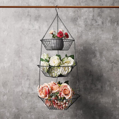 3-Tier Wire Fruit Hanging Basket 2 Packs, non-Punching Wall Hanging Storage, Kitchen Bathroom Organization Basket, Suitable for Bathroom, Kitchen, Closet, Garden, Chrome