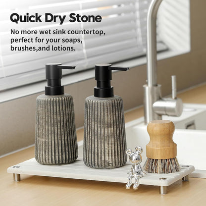 Instant Dry Sink Caddy Kitchen Sink Organizer, Quick Drying Stone Tray Diatomite Sponge Holder Soap Dish, Bathroom Countertop Fast Dry Water Absorbing Vanity Rack, Beige,12" x 5"