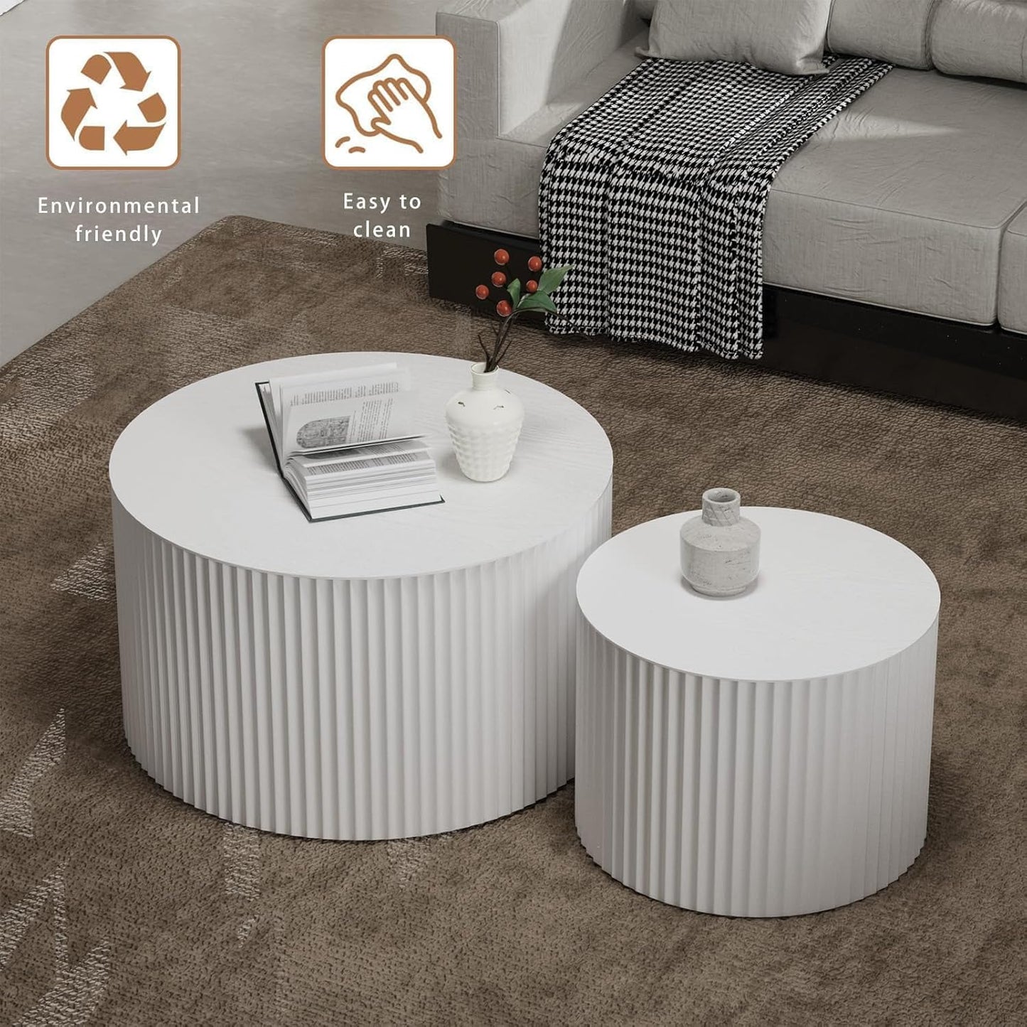 Round Coffee Table Set of 2, Nesting Coffee Table and End Table Set Small Circle Drum Side Table for Living Room Office, No Assembly (B White Large)