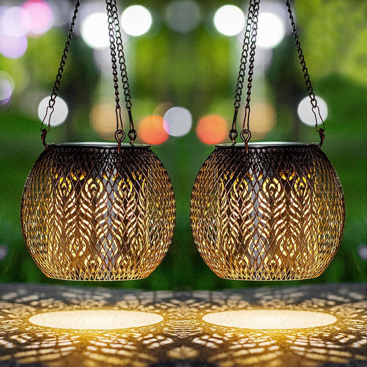 LeiDrail Hanging Solar Lanterns 2 Pack Solar Lanterns Outdoor Waterproof Garden Metal Decorative Light Patio Decor for Outside Yard Tree Tabletop Landscape
