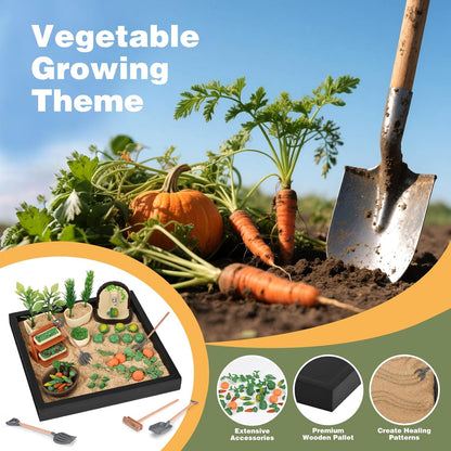 Dreamon Zen Sand Garden for Desk - Vegetable Gardening Themed Sand Tray Therapy Kit with 56 Accessories & Encouragement Cards - Meditation Room & Office Stress Relief Toy - Funny and Novelty Gift Idea