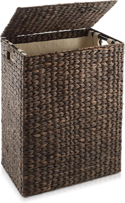 Casafield Large Laundry Hamper with Lid and Removable Liner Bag - Espresso, Woven Water Hyacinth Rectangular Laundry Basket Sorter for Clothes and Towels