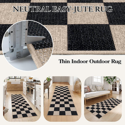 Lahome Checkered Easy Jute Runner Rug, 2x6 Kitchen Runner Rug Non Slip Washable Outdoor Carpet for Entryway Indoor, Checkerboard Black Indoor Outdoor Carpet Runners for Hallway 6ft Entry