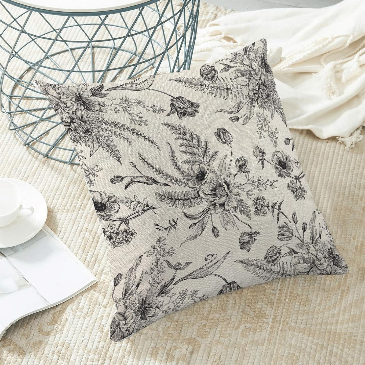 CXMEIFLY Spring Floral Leaves Pillow Covers 24 x 24 Inch Set of 2 for Chinoiserie Flowers Decor Throw Pillows Black and White Seasonal Plant Outdoor Decorative Cushion Cases for Couch Bed Decorations