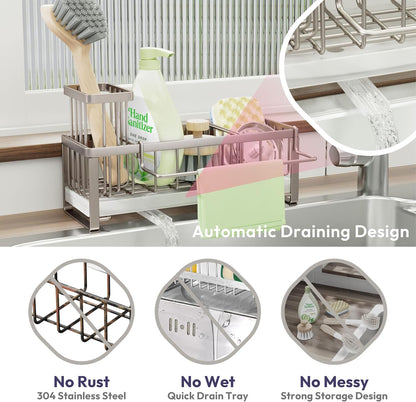 SWTYMIKI Sponge Holder for Kitchen Sink - Sink Caddy with Brush Holder Self-draining Sponge Caddy Organizer with Divider Stainless Steel Kitchen Accessories Storage for Countertop, Sand Nickel