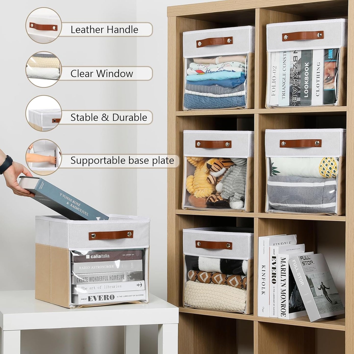 HNZIGE 11 Inch Foldable Fabric Storage Cubes - Clear Bins for Shelves, Canvas Cube Organizer Bins (White Beige 6 PCS)