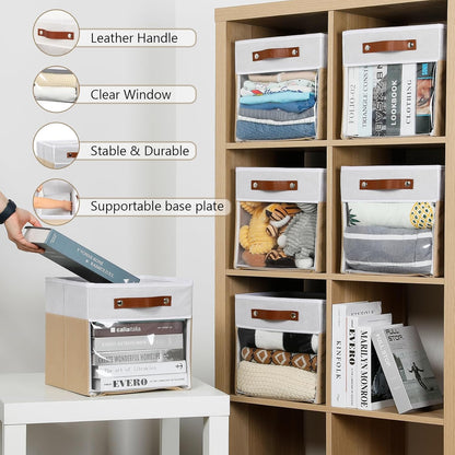 HNZIGE 11 Inch Foldable Fabric Storage Cubes - Clear Bins for Shelves, Canvas Cube Organizer Bins (White Beige 6 PCS)