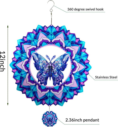 Butterfly Wind Spinner,Hanging Wind Spinners Outdoor for Garden Decoration，12 inch 3D Stainless Steel Wind Sculpture for Indoor/Outdoor Decor