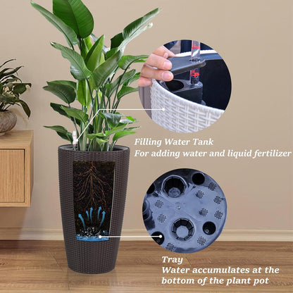 2Pack 22" High Modern Plant Pots Planter-Self-Watering Indoor/Outdoor Planting with Drain Holes, Water Level Monitor, Inner Bucket for Front Porch Patio, Brown Rattan Conical