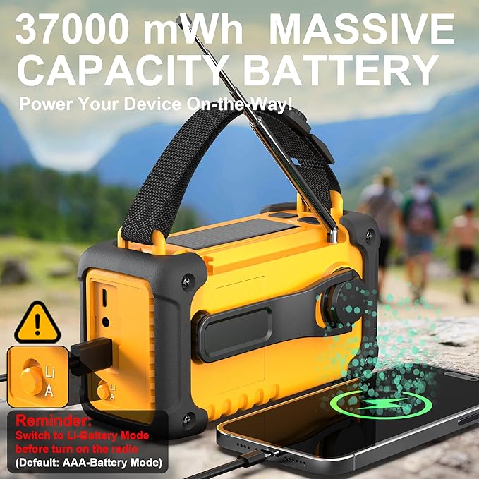Emergency Weather Radio, AM/FM/SW/NOAA Hand Crank Radio with 37000mWh/10000mAh Portable Large Capacity, USB/Solar/Hand Crank Charging, AAA Battery Operated, SOS Alarm & Flashlight (Yellow)