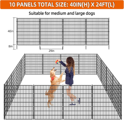10 Panels No Dig Fence with Gate, 40 in(H) X 24 ft(L) Garden Decorative Fence Animal Barrier for Dogs, Rustproof Metal Garden Edging Border for Outdoor, Yard, Patio, Black