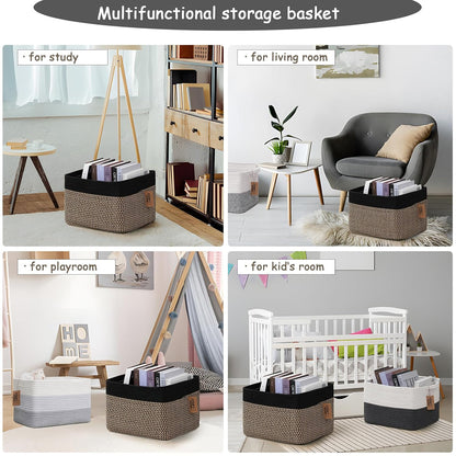 COMFY-HOMI Cotton Rope Woven Basket with Handles for Shelves,Toys,Book, Cloth Storage Baskets Bin for Organizing-13.5"x11"x9.5" Toy Decorative Organizer for Living Room, Bathroom-Black/Jute