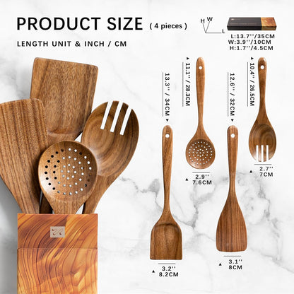 Wooden Spoons for Cooking, Nonstick Cooking Utensil Set with 4 Piece Acacia Wooden Spatulas and Spoons for Cooking, Terrific for Everyday Kitchen Tasks