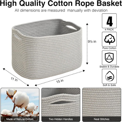 Storage Baskets for Organizing & Shelves, Woven Cotton Rope Organization Bins for Dog Toys, Clothes, Books, Nursery Organizer, 15" Lx11 Wx9.5 H, (4 Packs) Grey