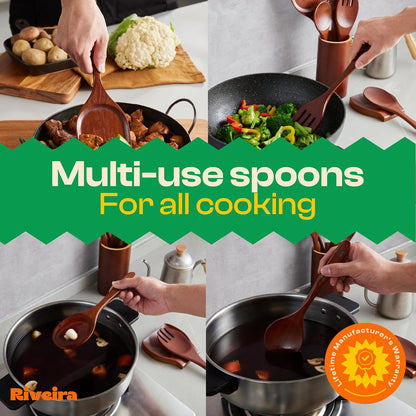 Riveira Set of 9 Premium Brown Bamboo Cooking Utensils - Bamboo Utensils for Cooking - Non-Toxic Utensils - Wooden Kitchen Set for Non-Stick Cookware