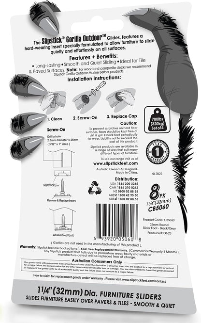 Gorilla Outdoor 1-1/4 Inch Furniture Sliders/Chair Glide Floor Protectors (Set of 8) Screw-On Nylon Furniture Glides for Sliding on Outdoor and Indoor Floors