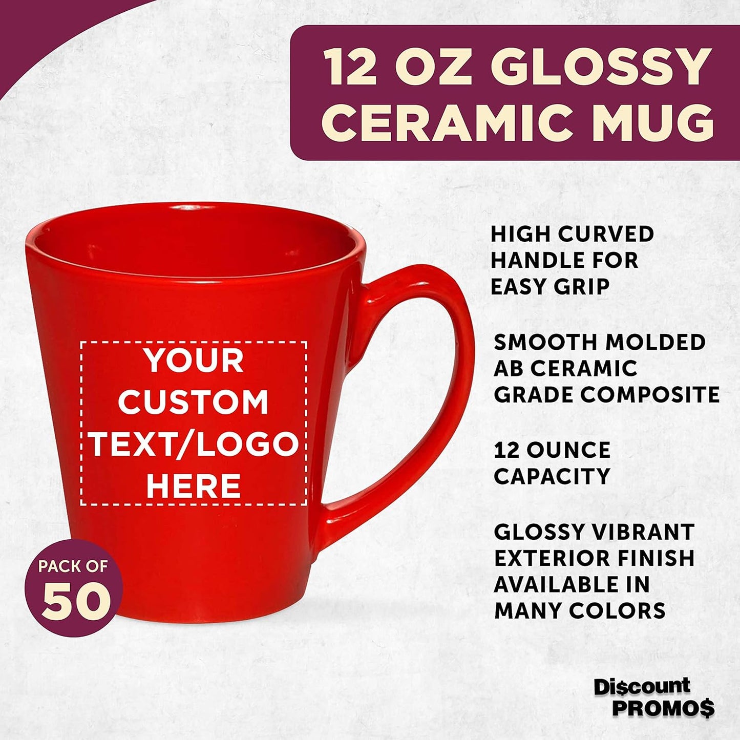 DISCOUNT PROMOS Custom Glossy Ceramic Latte Coffee Mug 12 oz. Set of 50, Personalized Bulk Pack - Perfect for Tea, Espresso, Cappuccino, Hot Cocoa - Red