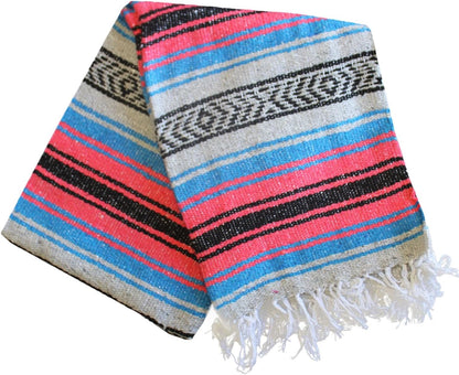 Del Mex Classic Mexican Blanket, Large Authentic Woven Falsa Throw (70"x50"), Artisan Southwest Décor for Beach, Yoga, Outdoors (Salmon/Blue)