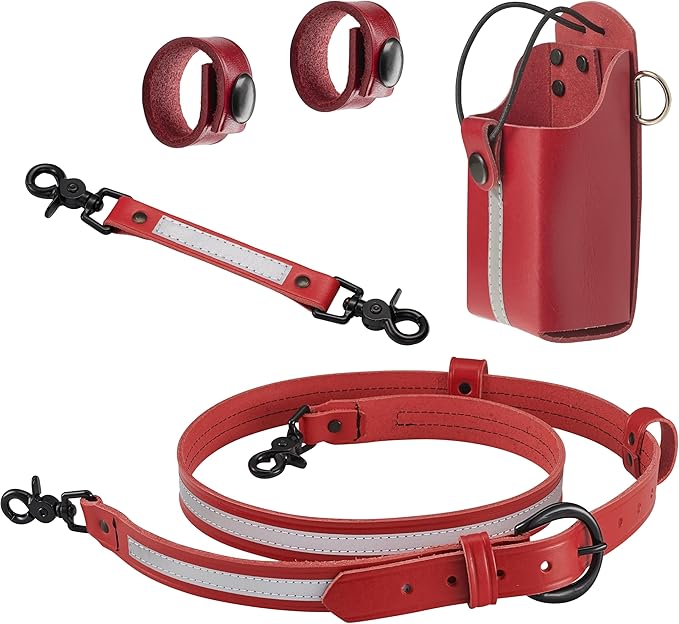 Shield Wallets Reflective Red Leather Firefighter Bundle Anti-Sway Strap for Radio, Firefighter's Radio Holder with Black Rivets