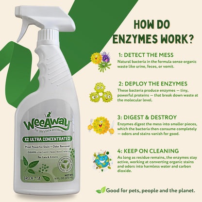 Wee Away X2 Ultra Concentrated Pet Stain and Odor Remover, Enzyme Cleaner for Cat Urine and Poop Carpet & Furniture Safe, Pet Urine Odor Eliminator Spray (Green Tea 16 oz)