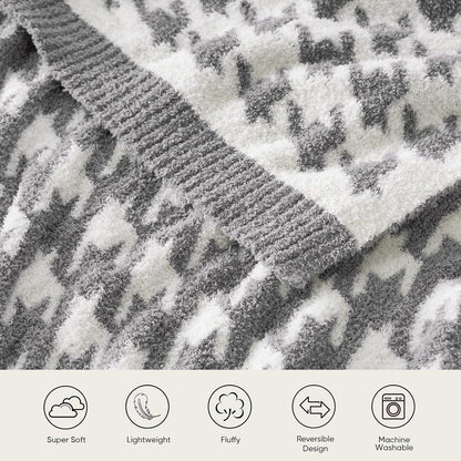 Snuggle Sac Houndstooth Throw Blanket for Couch, Reversible Super Soft Warm Blankets Cozy Knit Fuzzy Plush Lightweight Throws for Sofa, Bed, Camping, Grey,50x60 inches